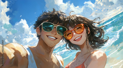 Couple taking a selfie on a sunny beach, both wearing sunglasses and smiling brightly, with ocean waves and clear blue sky.illustration