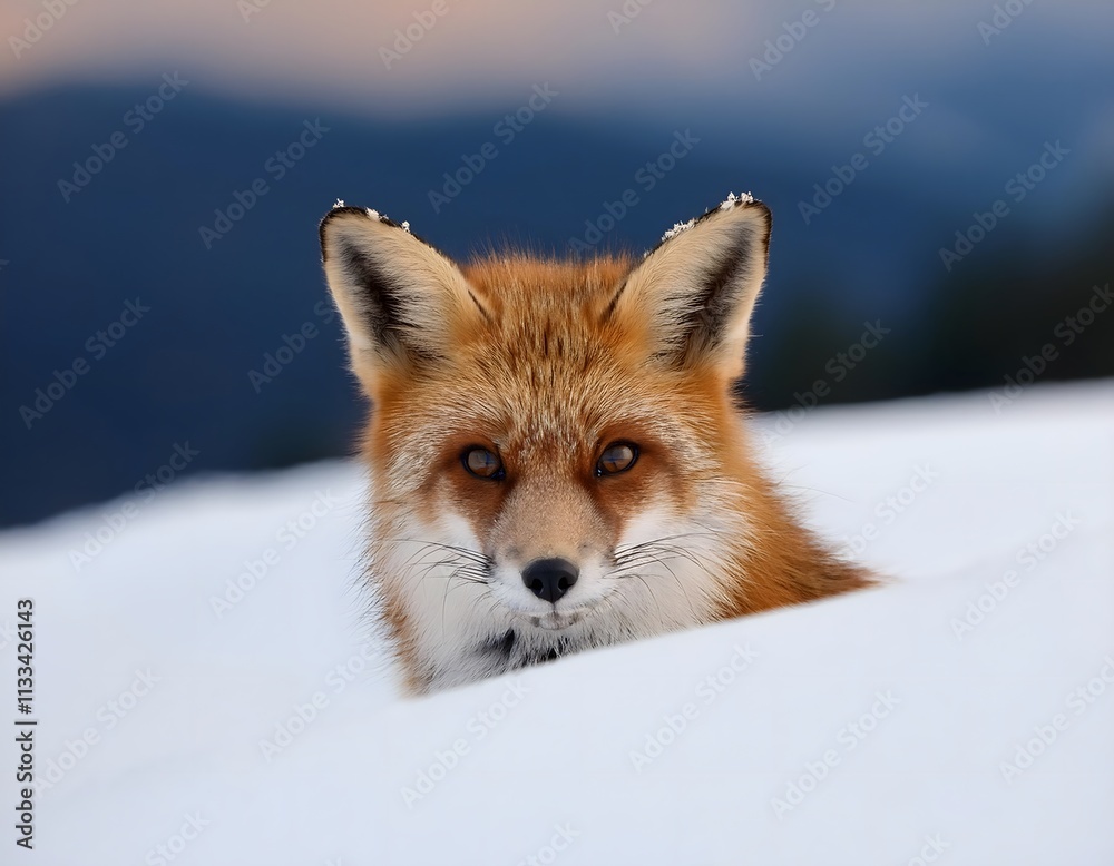 Obraz premium Fox peeking out from deep snow, curious and alert, with a serene winter landscape behind