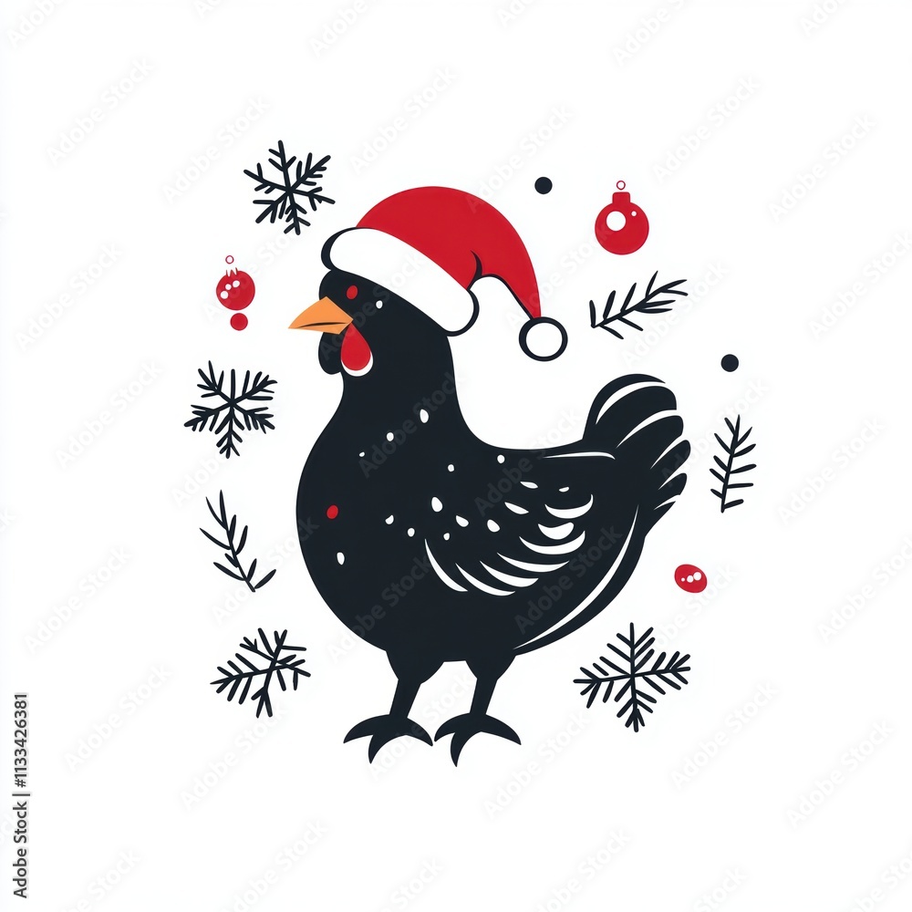 Fototapeta premium A minimalist illustration of a black chicken wearing a Santa hat, surrounded by snowflakes, festive ornaments, and stylized branches