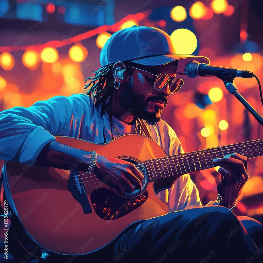 Obraz premium A male musician of African descent passionately plays acoustic guitar under vibrant lights, creating a lively atmosphere.