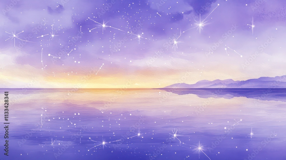 Fototapeta premium A peaceful lagoon under a warm purple night sky, with constellations mirrored on the still water surface, painted in gentle watercolor hues.