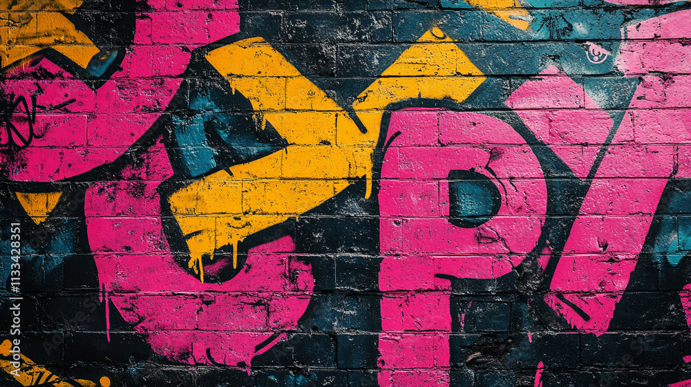 Fototapeta premium Vibrant Graffiti Art on Brick Wall Urban Street Art Pink Yellow Teal Black Texture