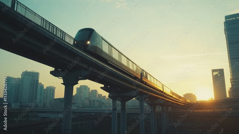 Obraz premium Elevated Train at Sunset Over Cityscape