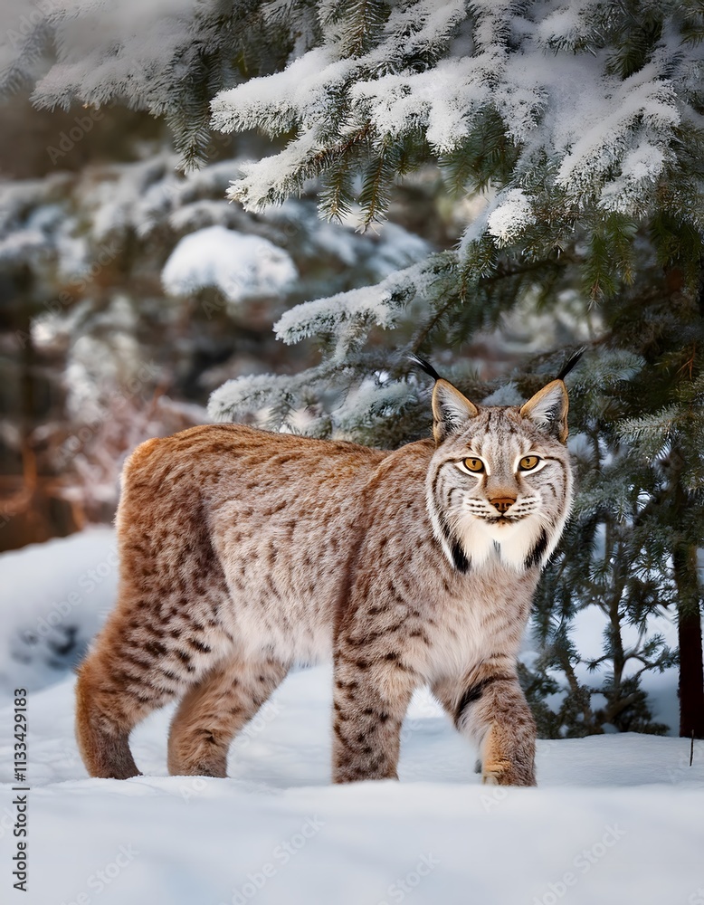 Fototapeta premium Majestic lynx walking gracefully in a snowy forest, surrounded by pine trees covered in frost