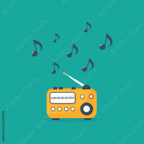 yellow radio and musical notes isolated flat  illustration