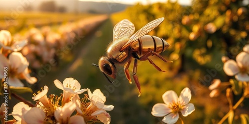 Bees pollinating blooming flowers in a sunlit orchard during springtime photo