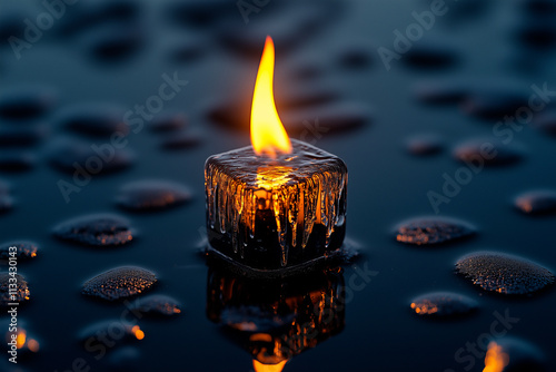 Lit Candle Enclosed in Ice Cube on Water photo