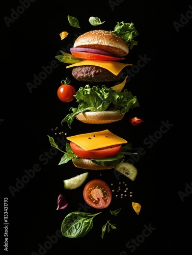 Wallpaper Mural Ingredients of a delicious burger are artfully suspended mid-air, featuring lettuce, tomato, cheese, and other fresh components in mid-flight. Generative AI Torontodigital.ca