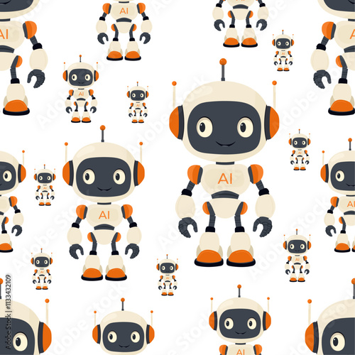 Cute futuristic AI robot pattern on white isolated background. Vector friendly robot in innovative artificial intelligent robot assistant concept. For prints, AI banners, decor elements.