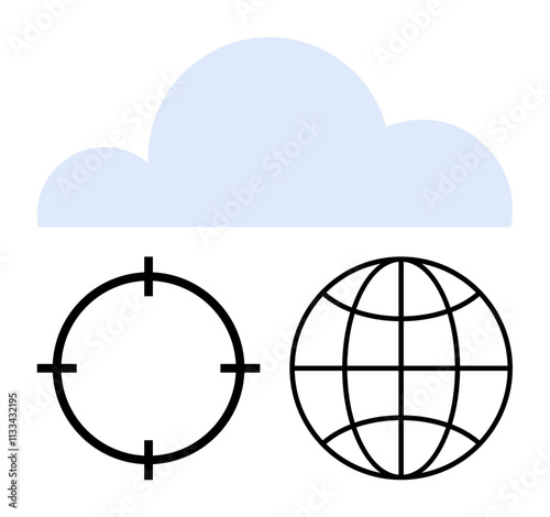 Cloud above a target symbol and a globe grid. Ideal for technology, cloud computing, global access, data security, internet connectivity, online services, digital marketing. Line metaphor