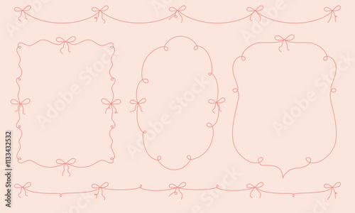 Doodle cute frames with wavy lines, bows, ribbons. Set of outline scallop frame border in doodle style. Retro frame wavy border. Wavy frame with bows. Vector illustration in coquette style