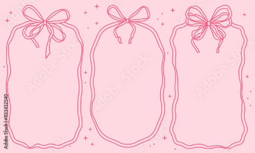 Doodle cute frames with wavy lines, bows, ribbons. Set of outline scallop frame border in doodle style. Retro frame wavy border. Wavy frame with bows. Vector illustration in coquette style