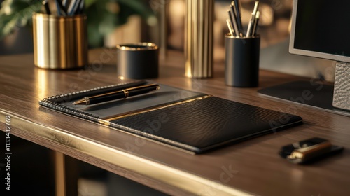 A polished wood desk with metallic accents, such as a gold pen holder and a black notebook. photo