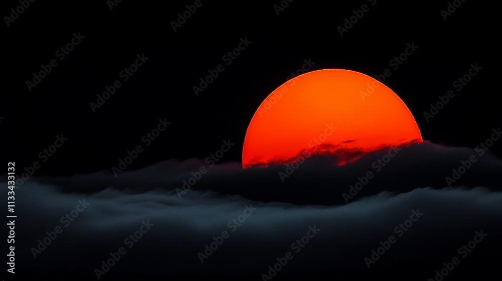 Obraz premium Fiery sunset orb above dark clouds.