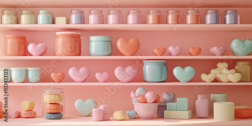 Pastel Jars and Hearts Collection, Aesthetic Shelf Display, Valentine's Day Home Decor, Cute Colorful Jars, Whimsical Hearts