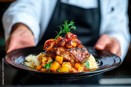Slika na platnu Chef presenting a delectable dish with grilled meat and vibrant sauce on a sleek