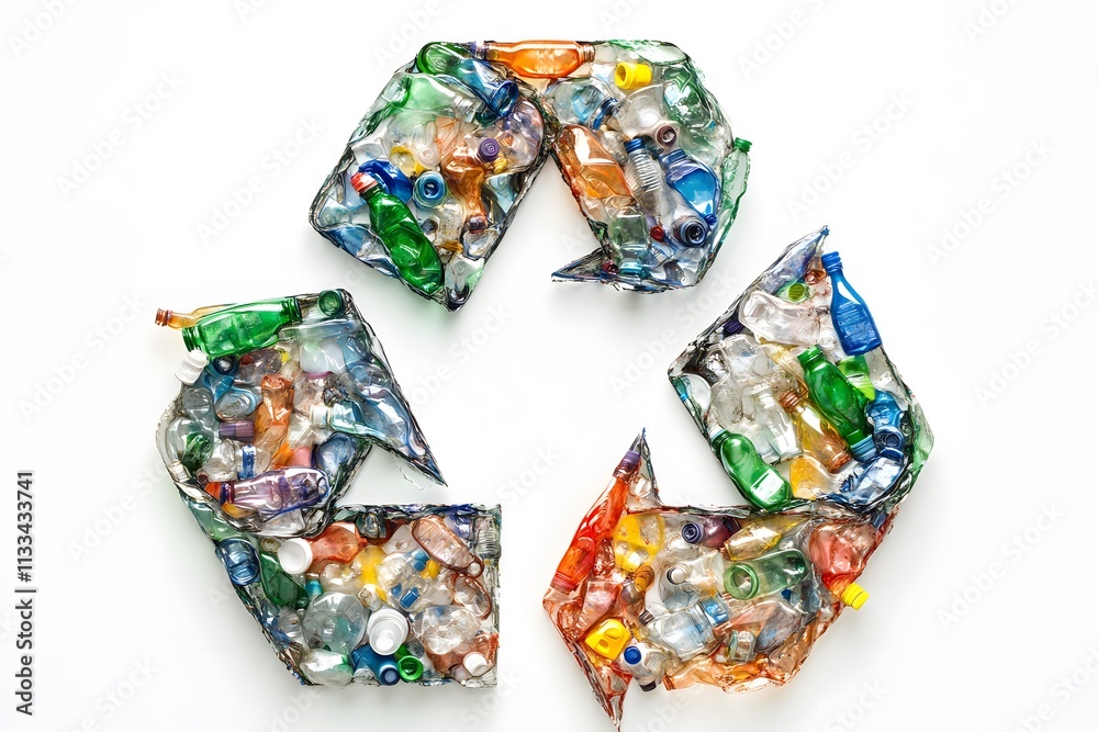 Fototapeta premium recycling symbol made from plastic bottles and containers to promote environmental sustainability and green practices, raising awareness about recycling waste materials and conserving resources