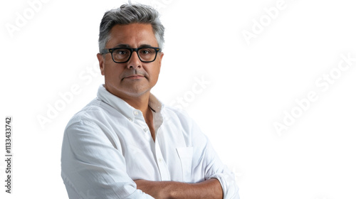 Mexican middle age male handsome doctor arms crossed on white background
 photo