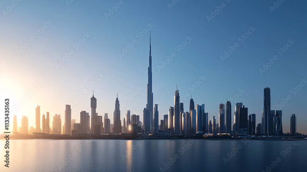 Fototapeta premium Dubai's majestic skyline at dawn: A breathtaking panorama of skyscrapers bathed in the golden sunrise, reflecting beautifully on the tranquil water.