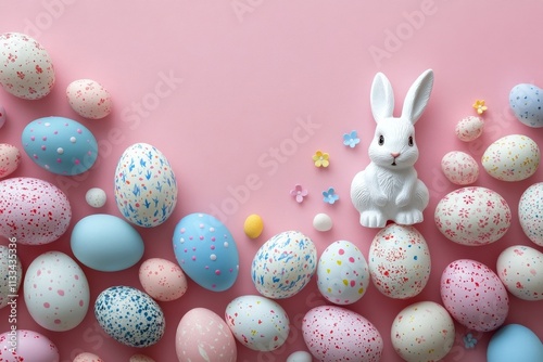 Cute rabbits surrounded by decorative Easter eggs and pastel flowers during s...