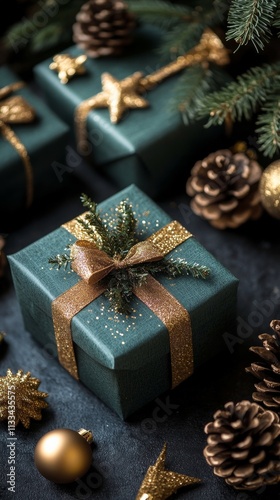 Beautifully wrapped holiday gifts arranged with festive decorations and natur...