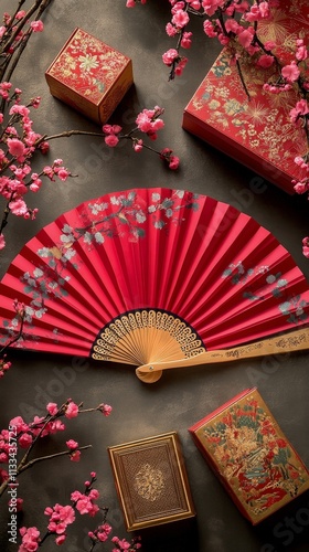 Beautiful red fan and decorative boxes in a traditional setting with cherry b...