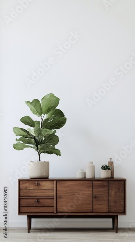 Stylish wooden sideboard with potted plant and decorative vase in modern inte...
