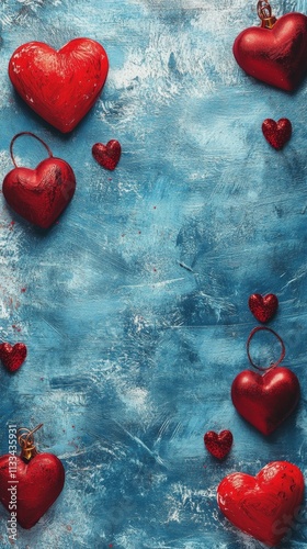 Red heart decorations arranged on a blue textured surface for a celebration o...