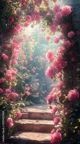 Beautiful pink roses lining a serene garden pathway with soft sunlight filter...