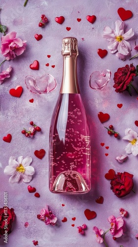 Pink sparkling drink surrounded by flowers and hearts for a romantic celebration