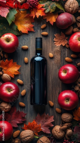 Vibrant autumn arrangement with wine bottle, red apples, and colorful leaves ...