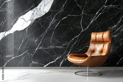 Elegant brown chair in modern living room with marble wall design