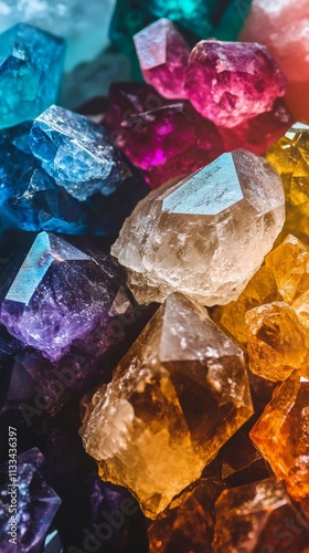 Colorful gemstones sparkling under natural light in a vibrant display