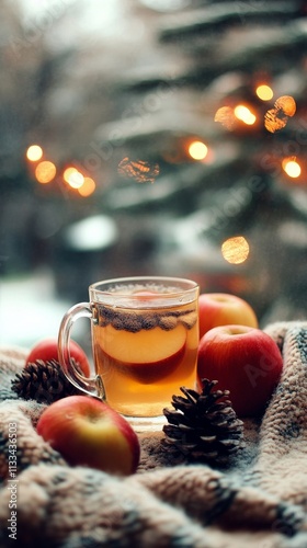 Warm drink with apple slices and pinecones beside festive decorations in wint...