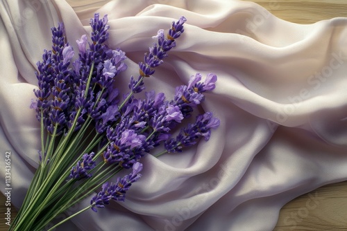 Purple lavender flowers arranged on soft yellow fabric with a natural wooden ...