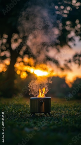 Cooking over an open flame as sunset light creates a magical atmosphere
