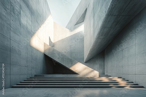 Innovative architectural design featuring angular concrete staircases in an o...