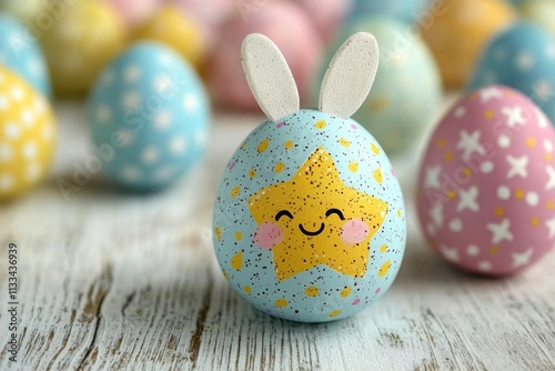Colorful Easter egg with bunny ears and smiling face among decorated eggs
