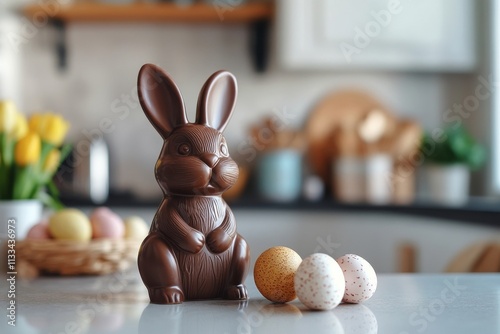 Chocolate bunny figurine with decorative eggs on a kitchen countertop during ...