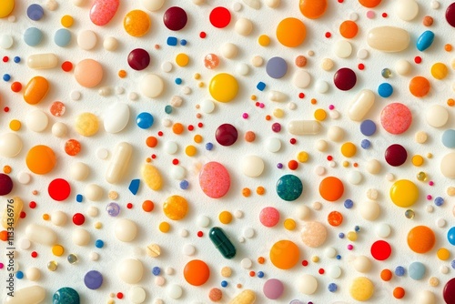 Colorful array of various pills and candies scattered on a white surface