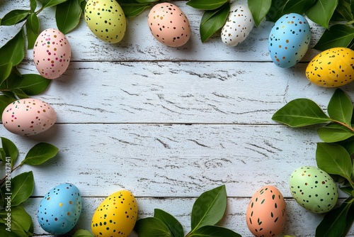 Colorful Easter eggs arranged with fresh leaves on a wooden surface during sp...