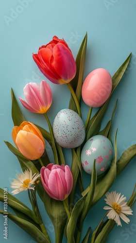 Colorful Easter eggs and tulips arranged on a blue background for festive dec...