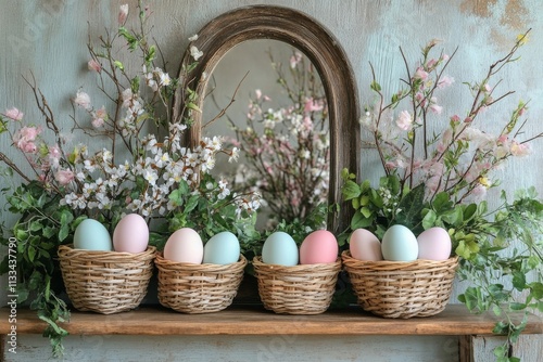 Elegant Easter decoration with pastel eggs and spring flowers in a vintage se...
