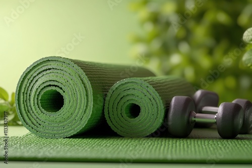 Bright green exercise mats and dumbbells arranged for a fitness routine at home