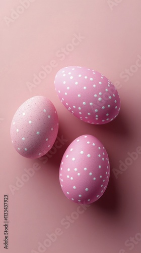 Colorful pink Easter eggs with white dots arranged on a soft pink background