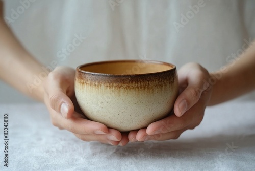 Warm beverage held gently in hands with soft fabric background