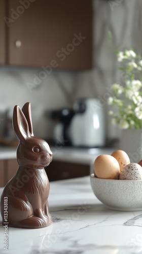 Chocolate bunny surrounded by colorful eggs and flowers on a festive table