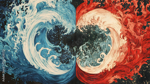 Fire and water symbol with blue and red flames, symbolizing the clash of opposing forces.illustration