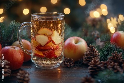 Warm spiced drink with apples and pinecones during a cozy winter gathering