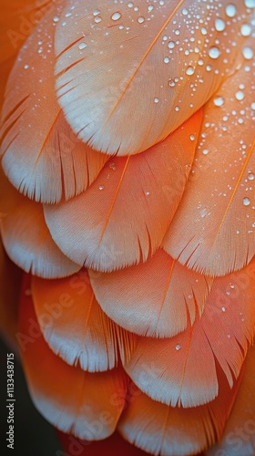 Close up of a delicate orange leaf covered in droplets of water with blurred ...